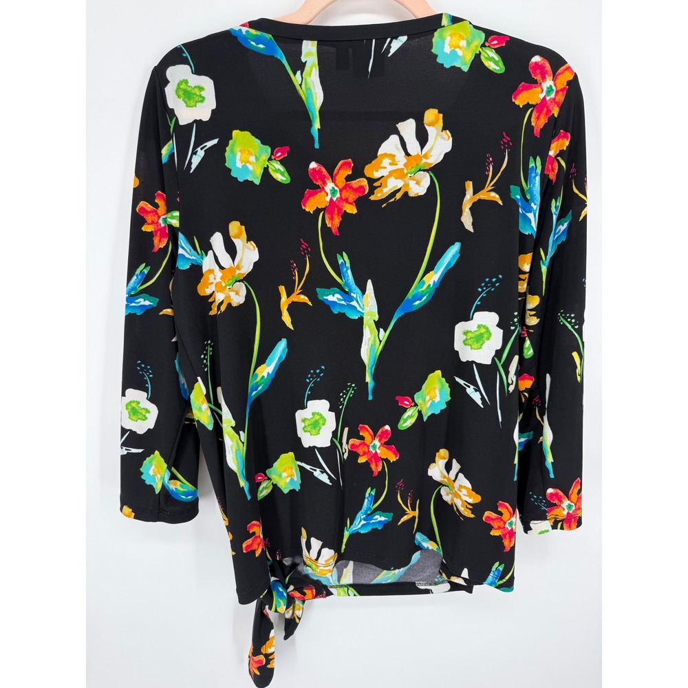 Rafaella Floral Tie Front Top Womens Medium Black Split Sleeve Scoop Neck Blouse - Picture 6 of 7